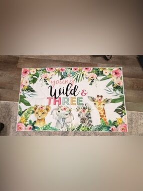 Young, Wild & Three Jungle Animal Floral Banner